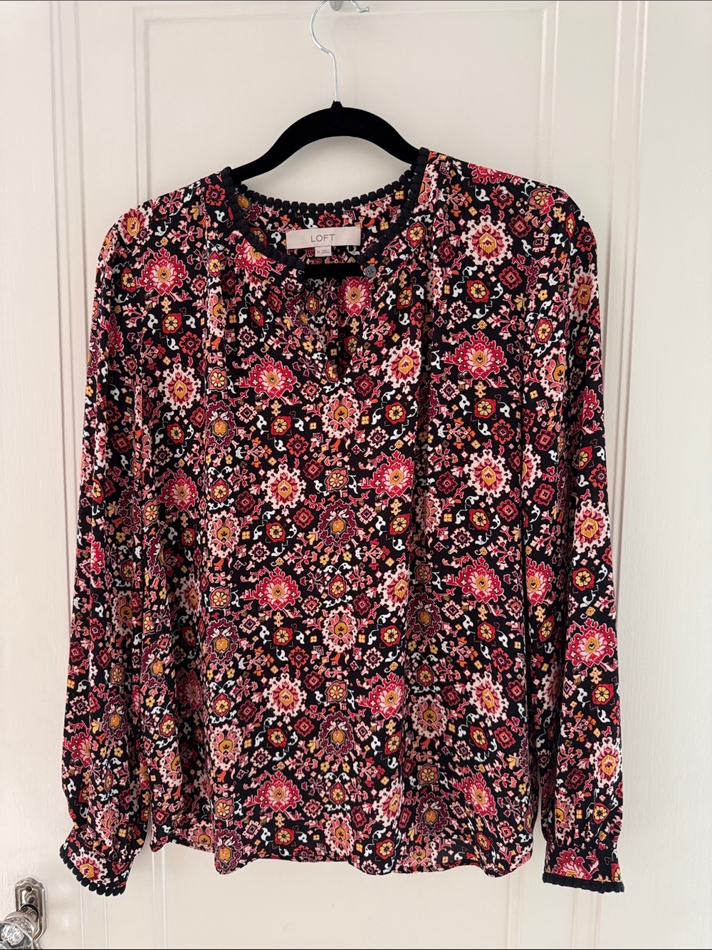LOFT Black Floral Long-Sleeve Peasant Top